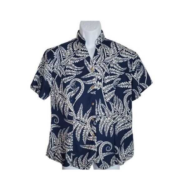 Tori Richard Hawaiian Camp Shirt Size Large Leaf Blue Button Up Short Sleeve - Picture 3 of 9